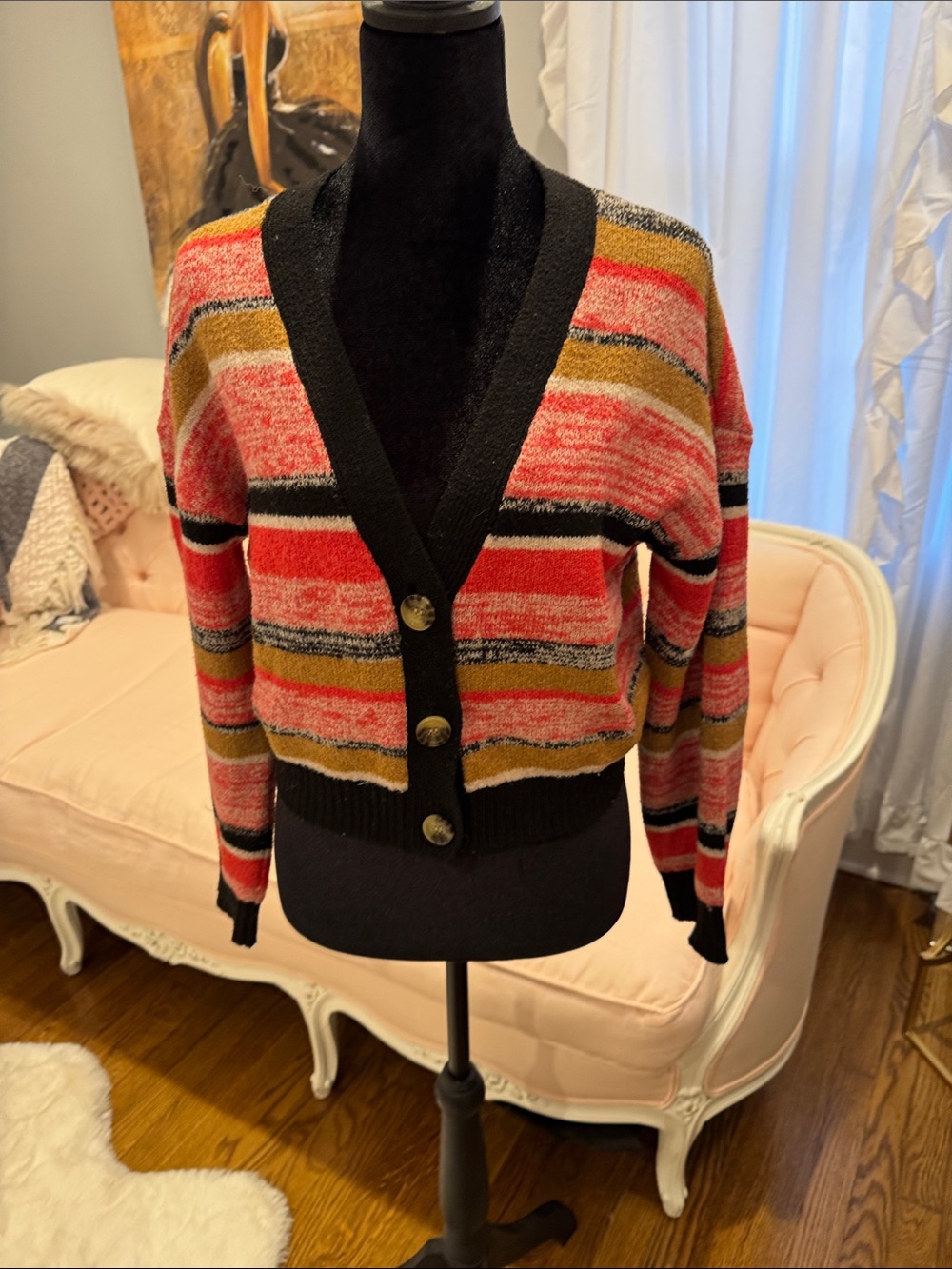 bp Cropped Striped Cardigan in Pink, Mustard & Black